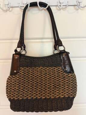 Brighton Woven Straw and Croc Embossed Leather Shoulder Bag